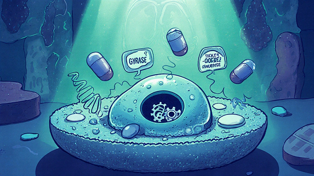 Cartoon bacterial cell with antibiotic capsules blocking DNA enzymes, lungs and skin hinted.