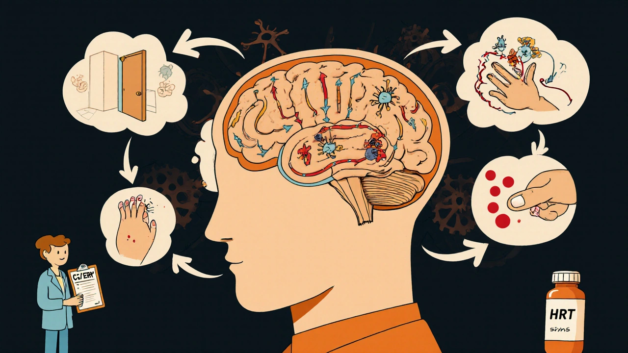 Cartoon brain circuit with thought bubbles showing OCD and skin‑picking urges.