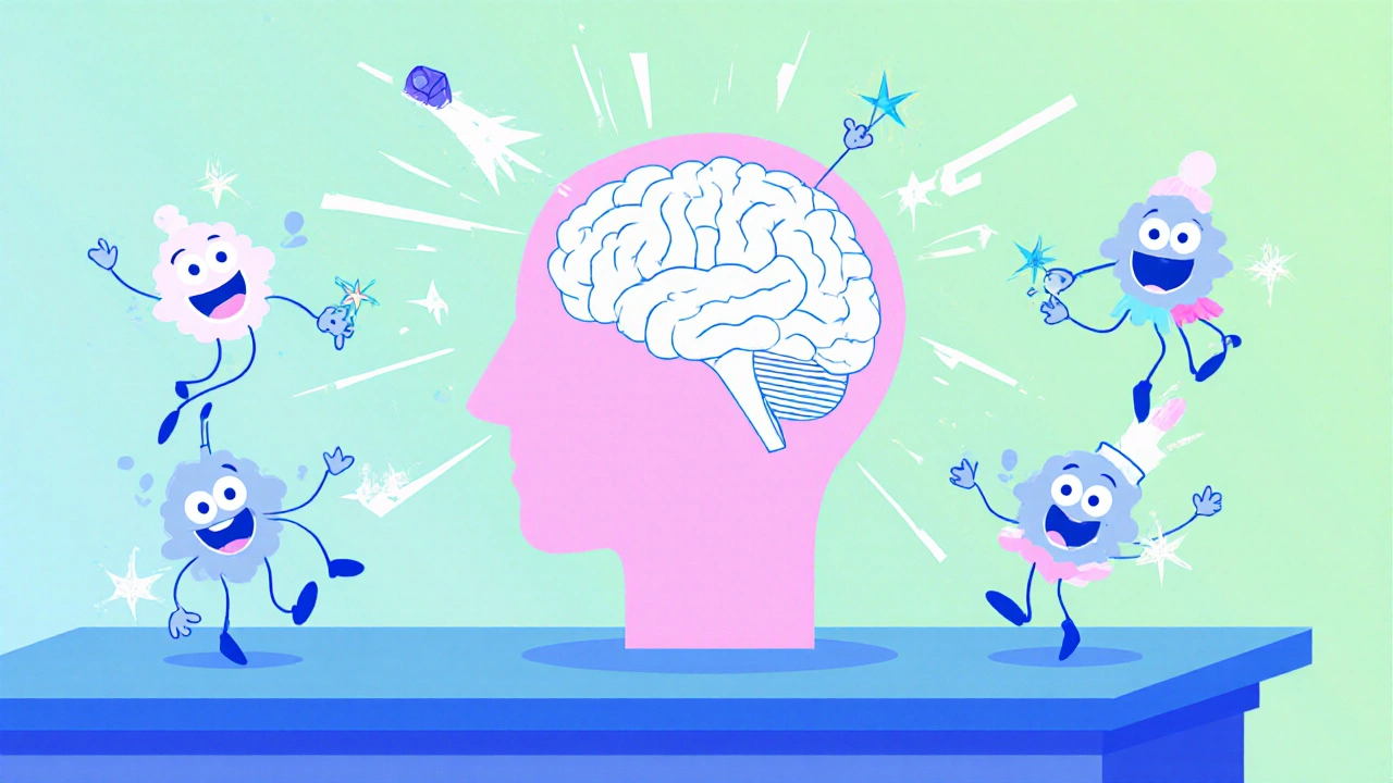Cartoon brain with smiling dopamine, histamine, orexin, and norepinephrine icons.