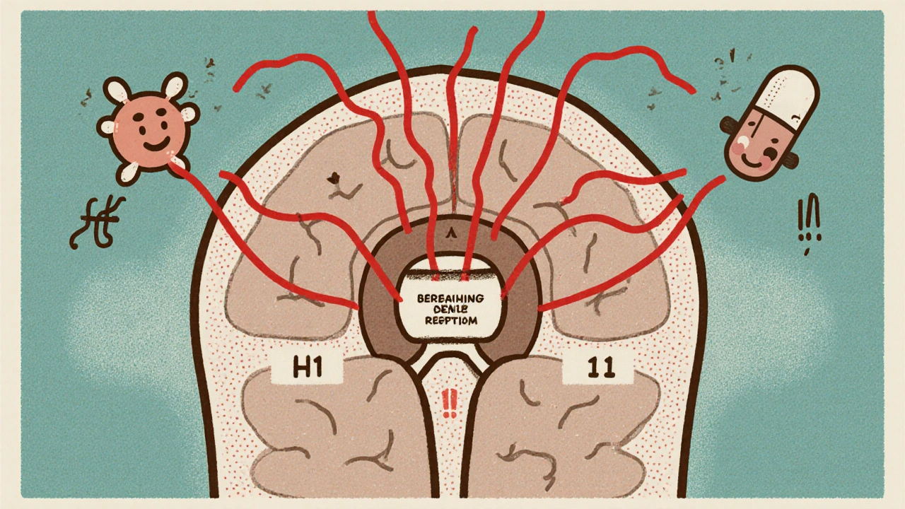 Cartoon brainstem with opioid and antihistamine arrows converging on respiratory center.