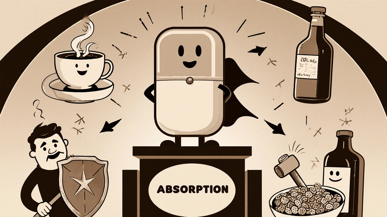 Cartoon levothyroxine pill facing coffee, calcium, iron, fiber, and medication foes.