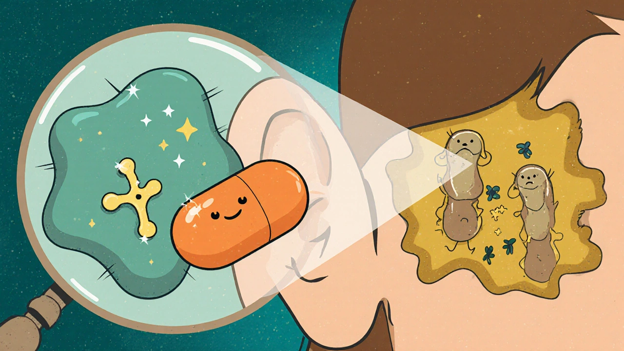Cartoon showing clarithromycin molecule blocking a bacterial ribosome in the ear.