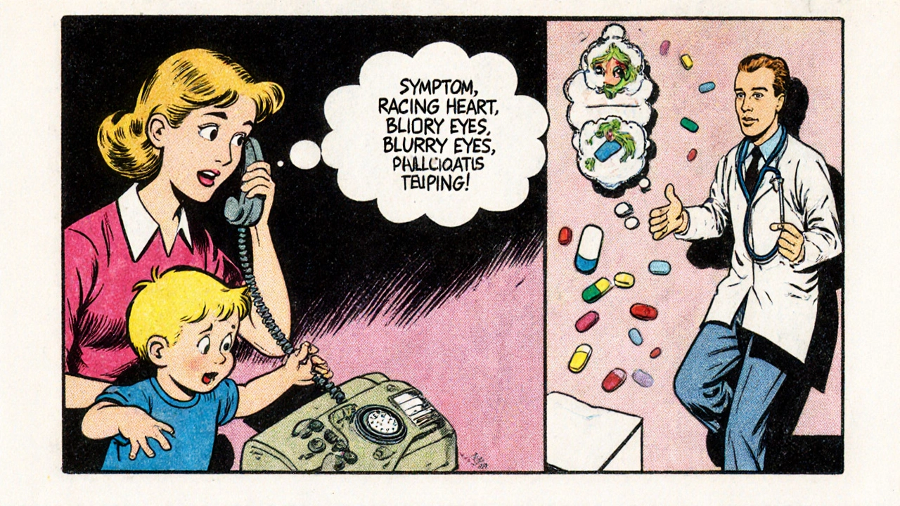 Child has swallowed pill, parent calls Poison Control, doctor rushes in with exaggerated symptoms.