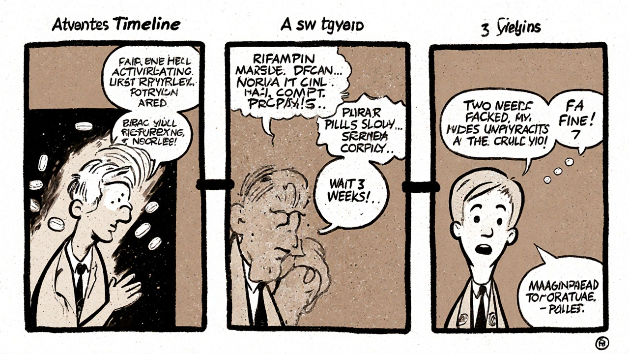Comic strip showing rifampin’s enzyme effects over time, ending with a warning to wait weeks.