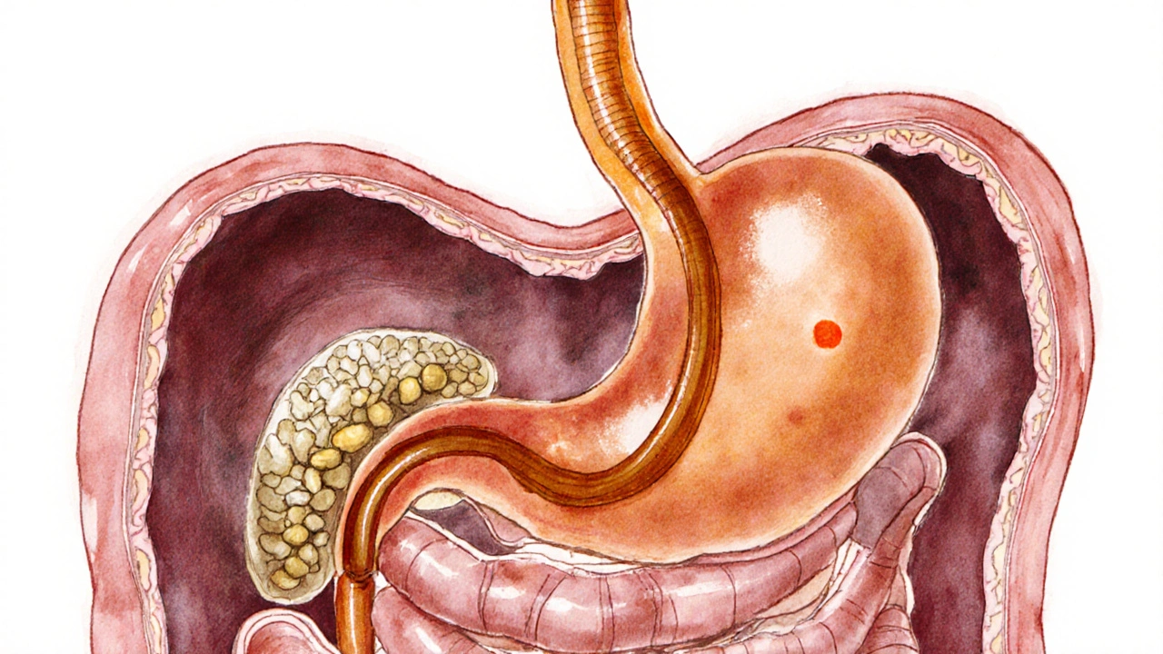 Cross-section of abdomen highlighting acid reflux, ulcer, gallstones, and inflamed pancreas.