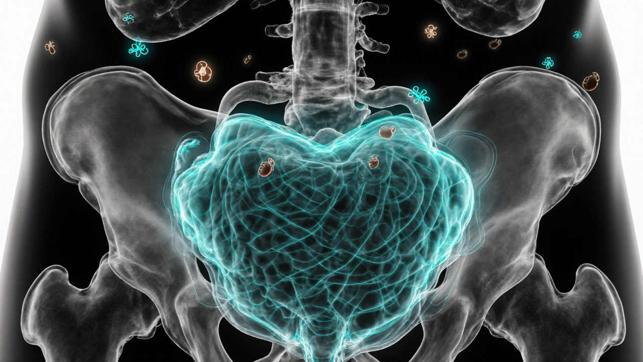 Cross‑section of bladder showing detrusor contraction and caffeine molecules.