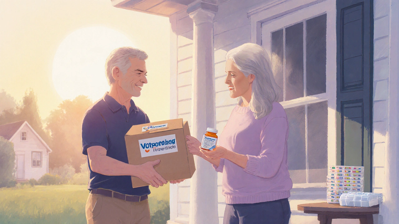 Delivery box with generic Effexor pills being received at a doorstep.