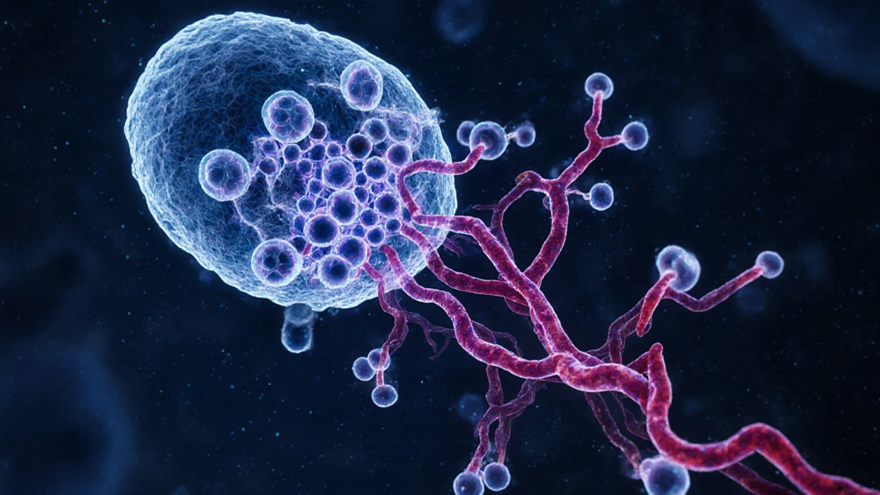Digital rendering of HHV‑8 viruses entering an endothelial cell, showing early Kaposi lesion formation.