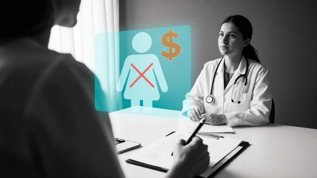 Doctor consulting patient, cyan‑highlighted pill, crossed‑out pregnancy silhouette, cost icon.