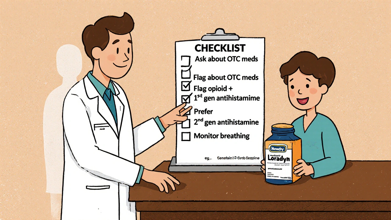 Doctor with safety checklist pointing to patient holding non‑sedating antihistamine.