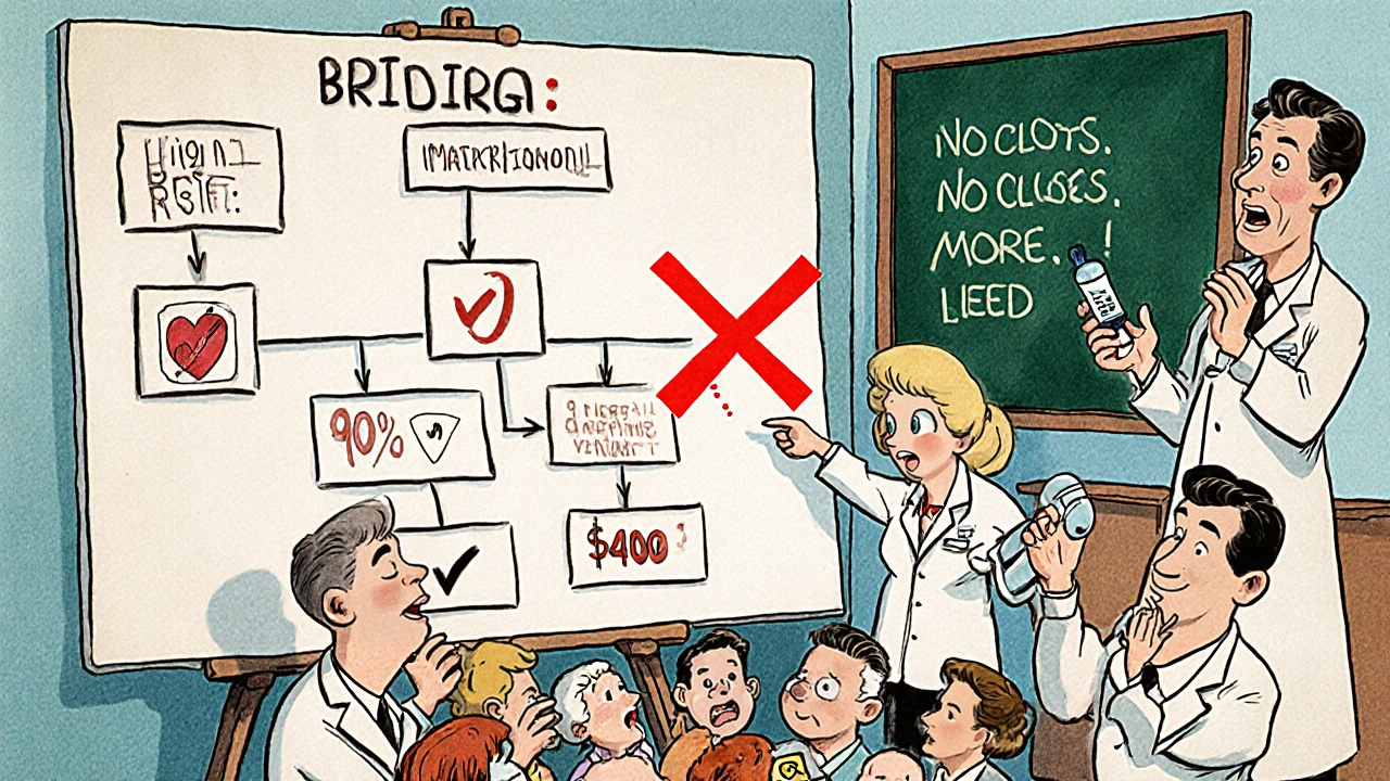 Doctors arguing over a flowchart, one marking high-risk patients while others are crossed out in vintage cartoon style.
