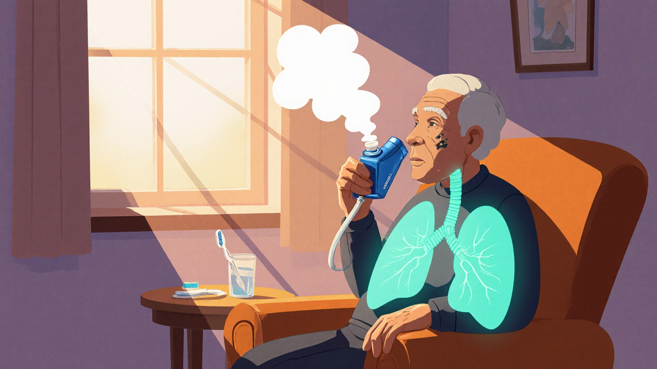 Elderly patient uses a spacer with Foracort, breathing relief.