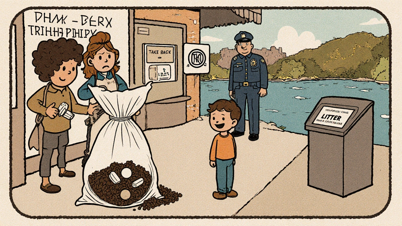 Family mixing pills with coffee grounds and kitty litter for safe disposal, take-back bin nearby.