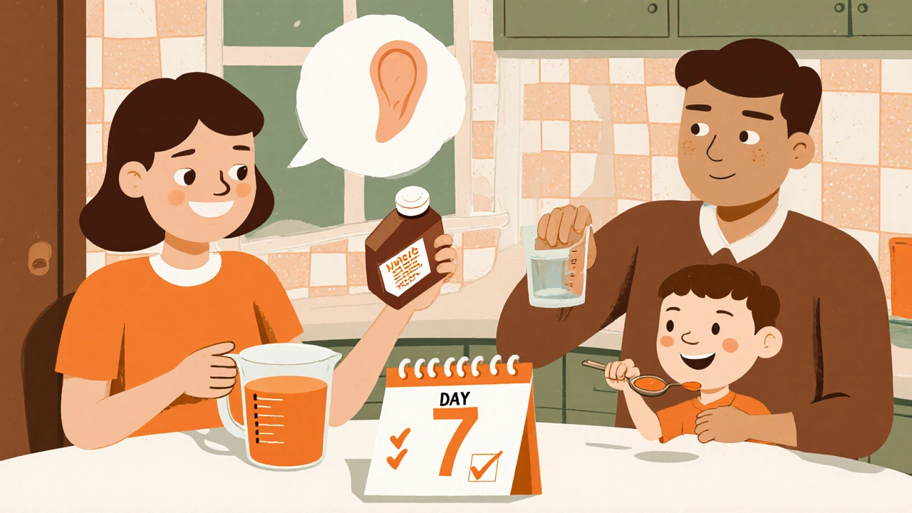 Family taking clarithromycin dose at kitchen table, completing the treatment.