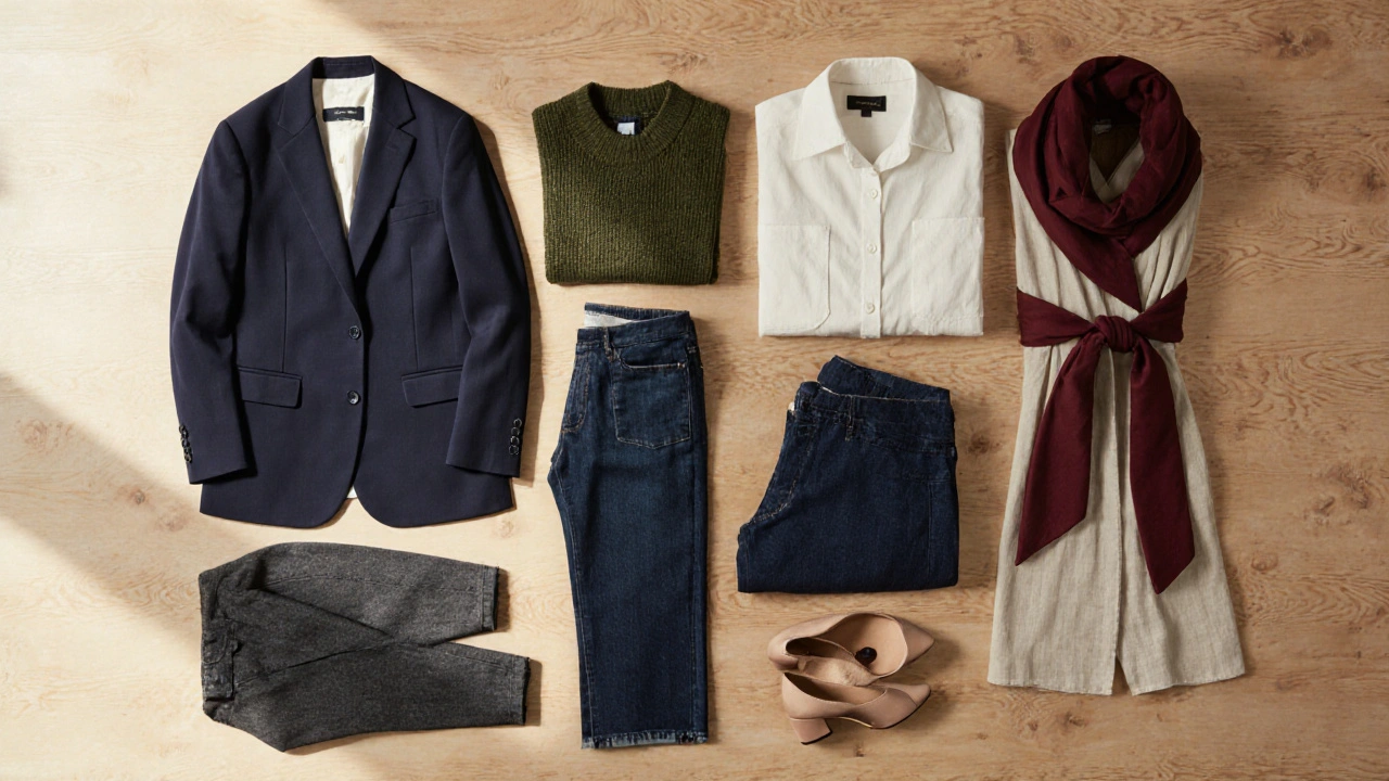 Flat lay of capsule wardrobe basics with neutral colors and texture details.