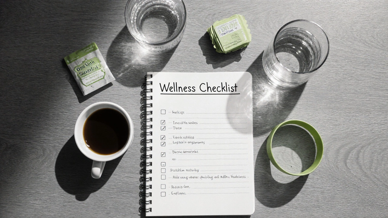 Flat‑lay of checklist items: notebook, decaf coffee, water bottle, herbal tea, exercise guide.