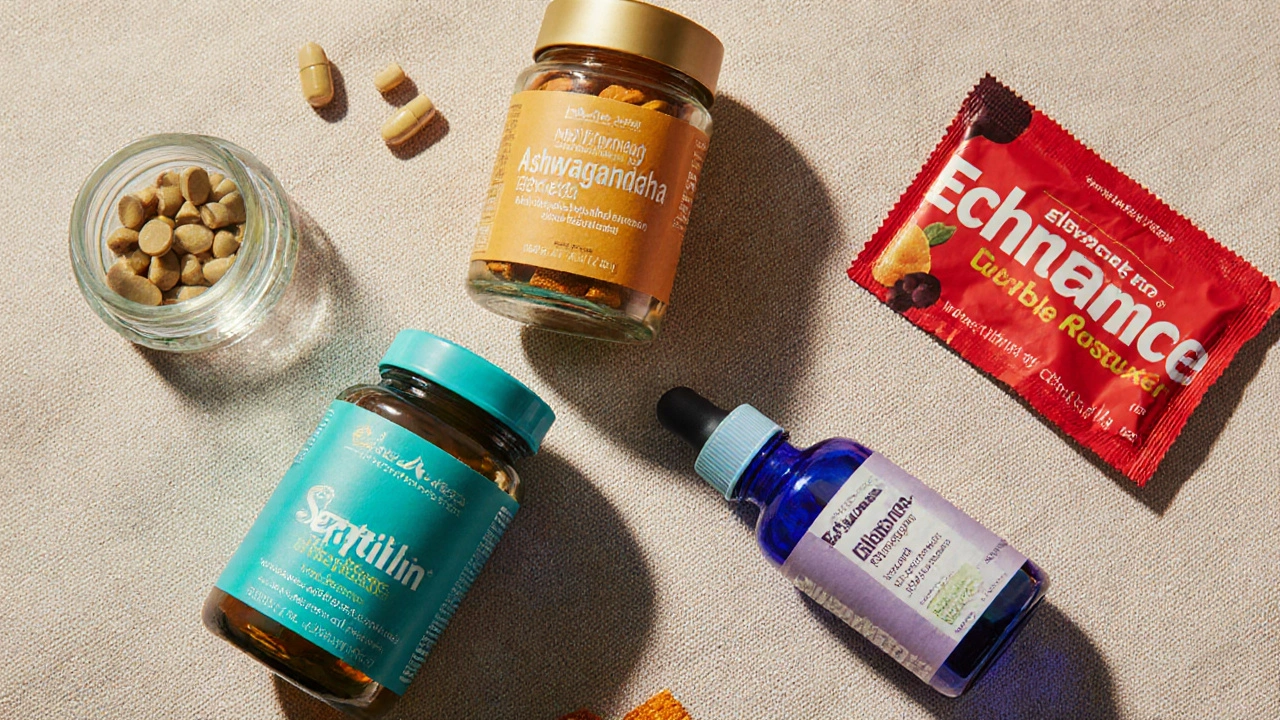 Flat lay of Septilin tablets, Ashwagandha capsules, turmeric, Echinacea, and Elderberry products.