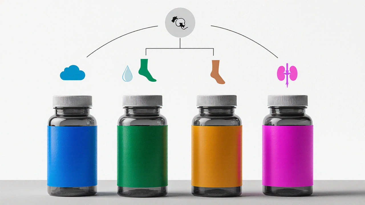 Four medication bottles with colored accents representing drug classes and side‑effect icons.