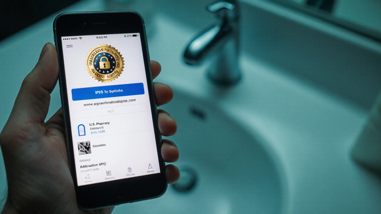 Hand checking a pharmacy verification screen on a smartphone.