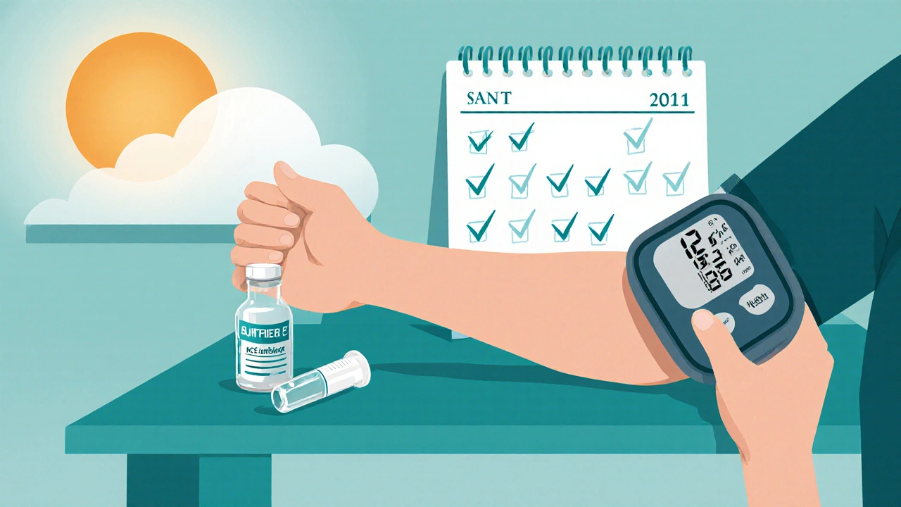 Hand holding blood pressure cuff with urine tube, pill bottle and a calendar checklist.