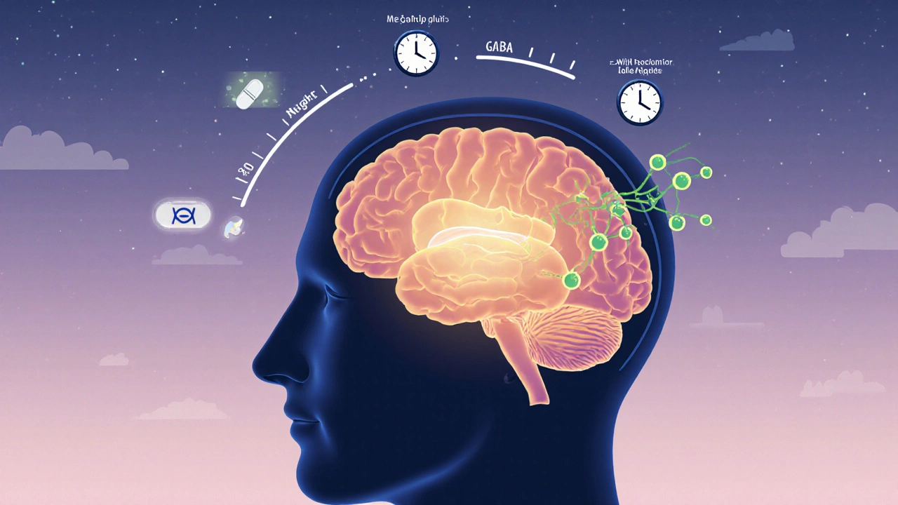 Illustration of the brain's pineal gland glowing, showing melatonin release and GABA activity at night.