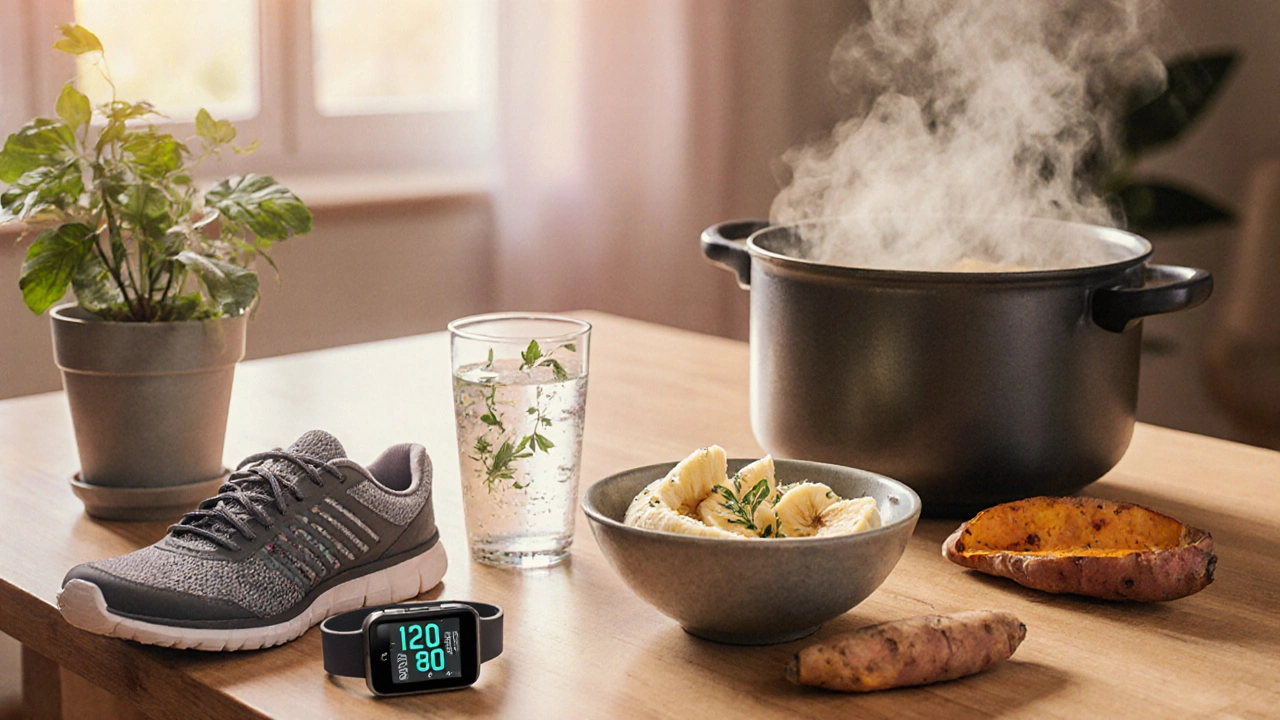 Kitchen scene with banana, sweet potato, low‑sodium soup and a smartwatch showing normal BP.
