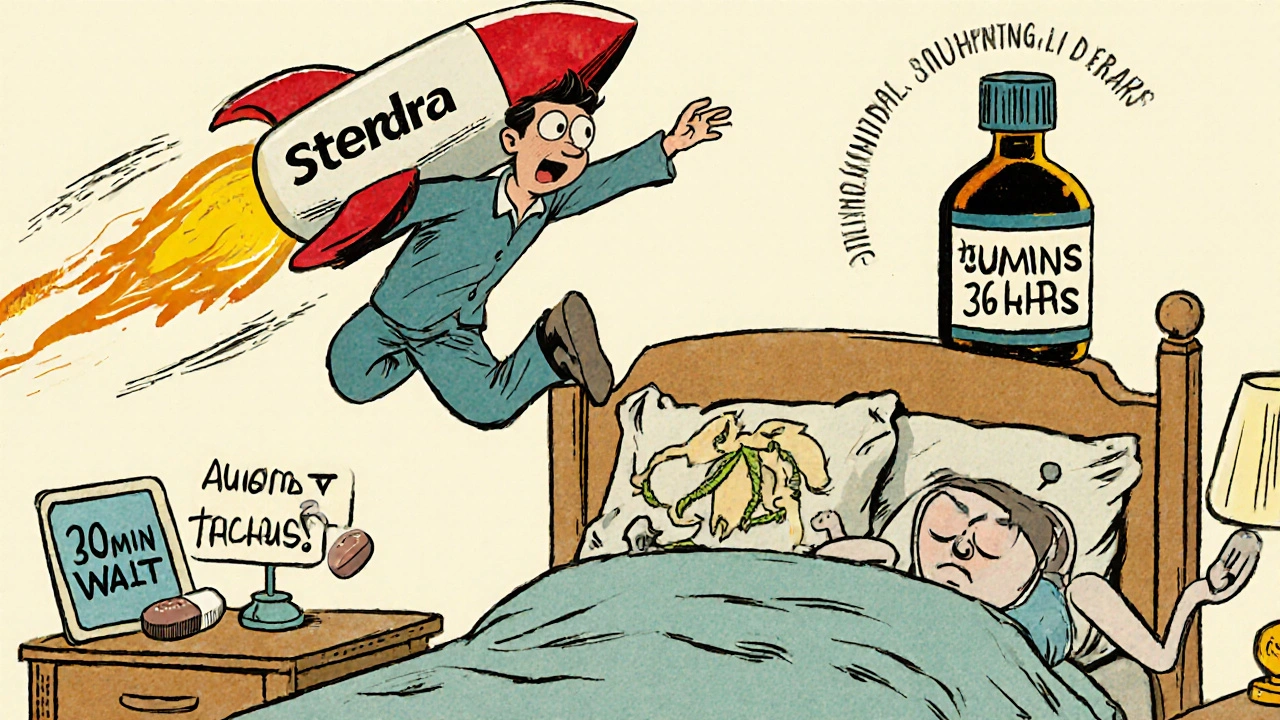 Man startled as Stendra pill zooms by while Aurogra and Cialis rest peacefully, with herbal supplement fleeing from FDA badge.