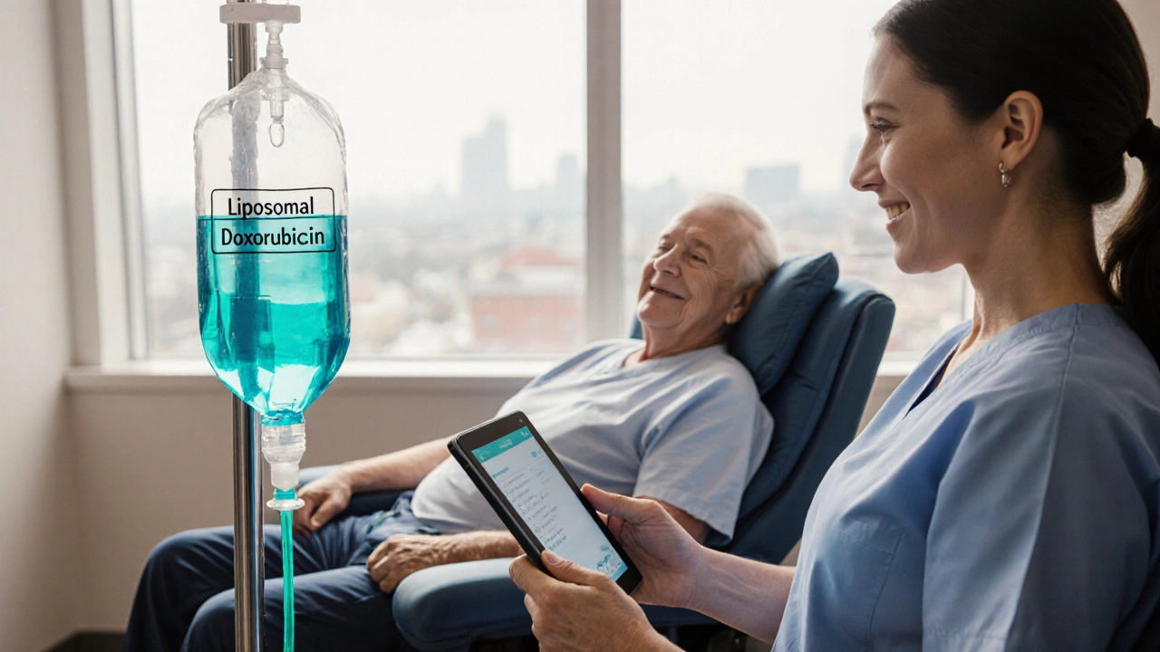Modern oncology room where a patient receives a liposomal doxorubicin infusion from a caring doctor.