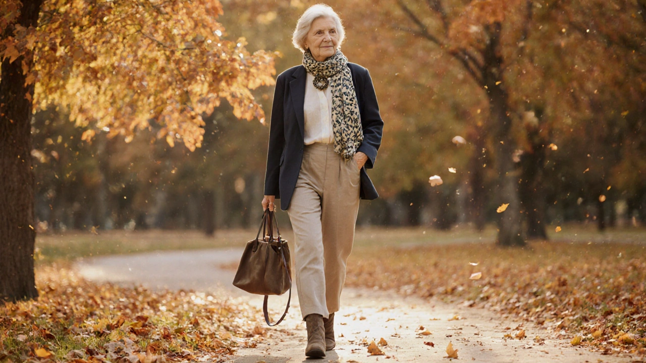 Older woman walking in a park wearing comfortable, stylish clothing and accessories.