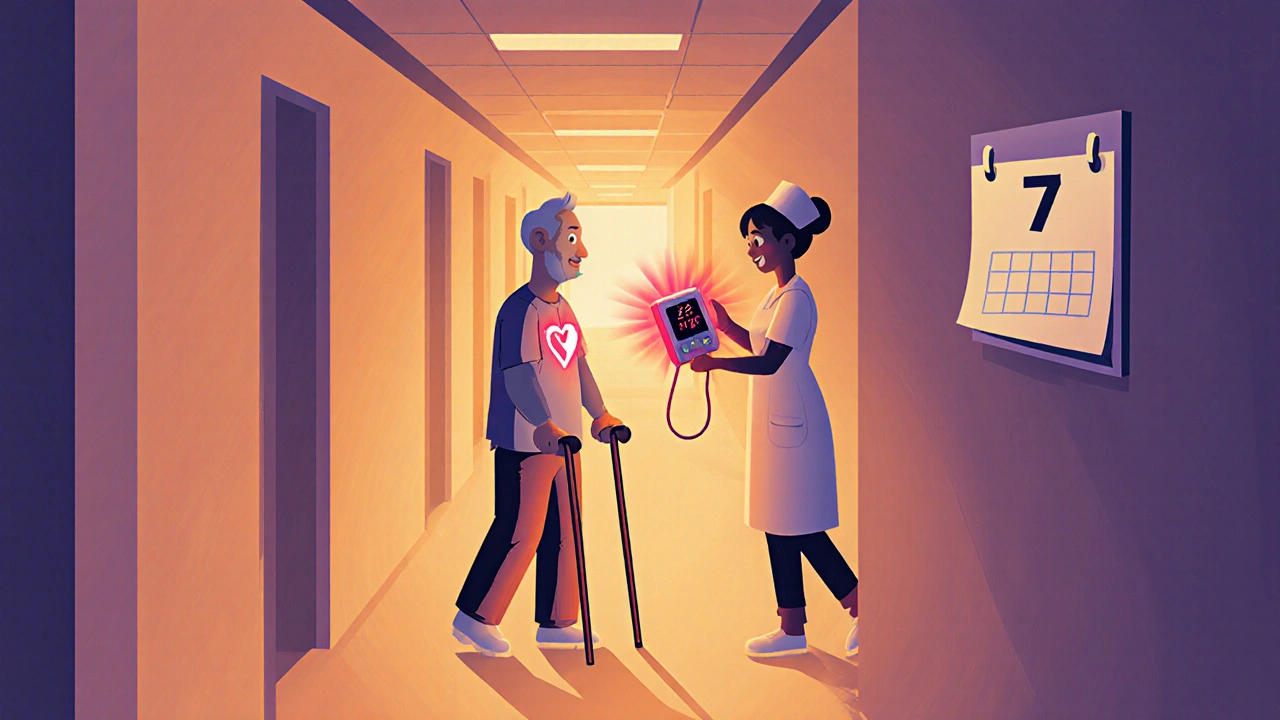 Patient with a cane walking past nurse checking heart monitor in a vintage hallway.