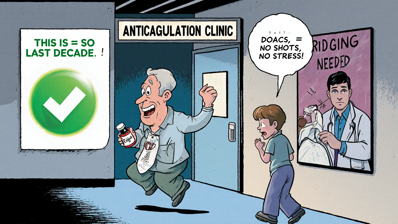 Patients walking past a clinic sign saying 'No Bridging Needed' with a happy DOAC user in vintage cartoon style.