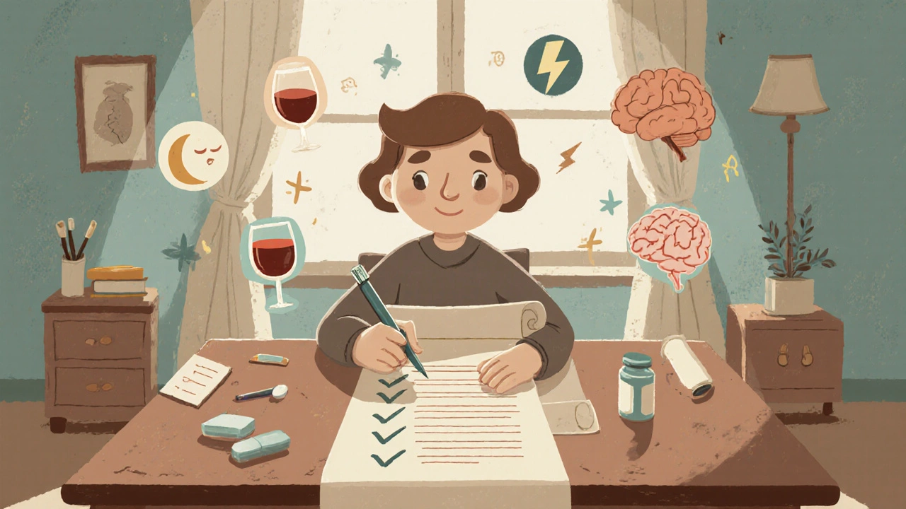 Person at a desk with floating icons for blood test, sleep, alcohol, stress, and medication, filling out a checklist.