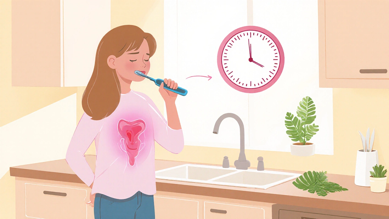 Person brushing teeth with a glowing pelvic floor cue and floating timer icon.