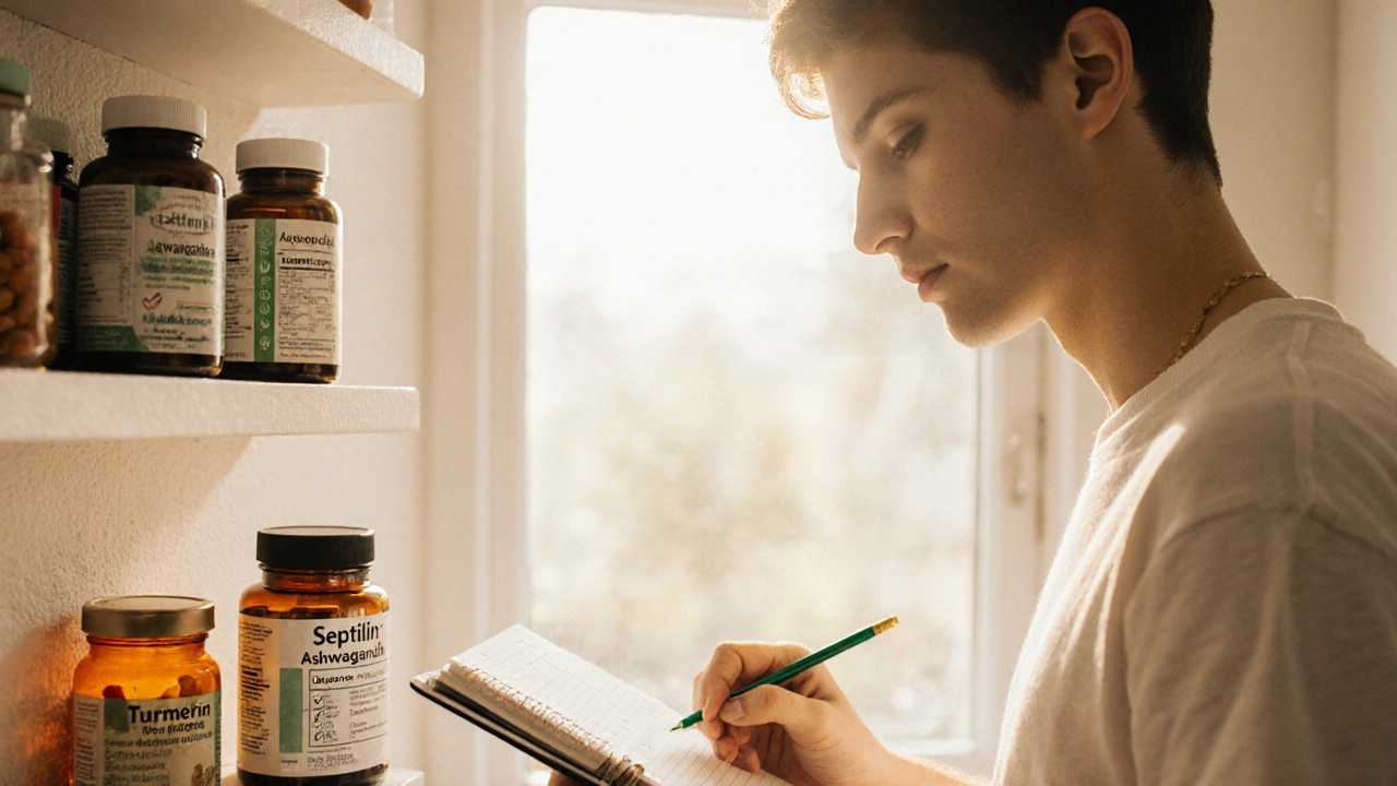 Person checking a notebook while looking at supplement bottles in a sunny kitchen.