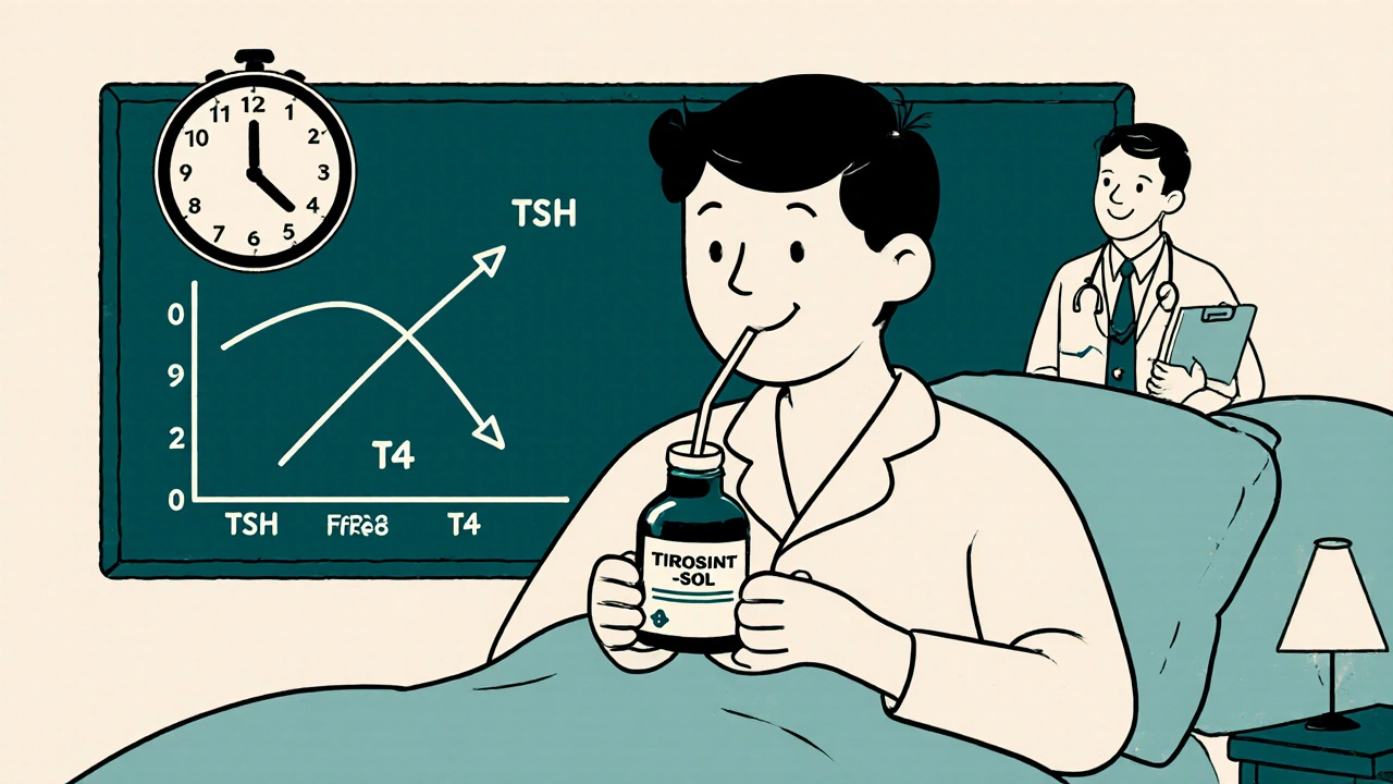 Person drinking levothyroxine oral solution at night with happy doctor and TSH graph.