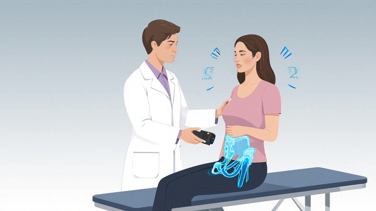 Physiotherapist guiding patient using a biofeedback device with anatomical overlay.