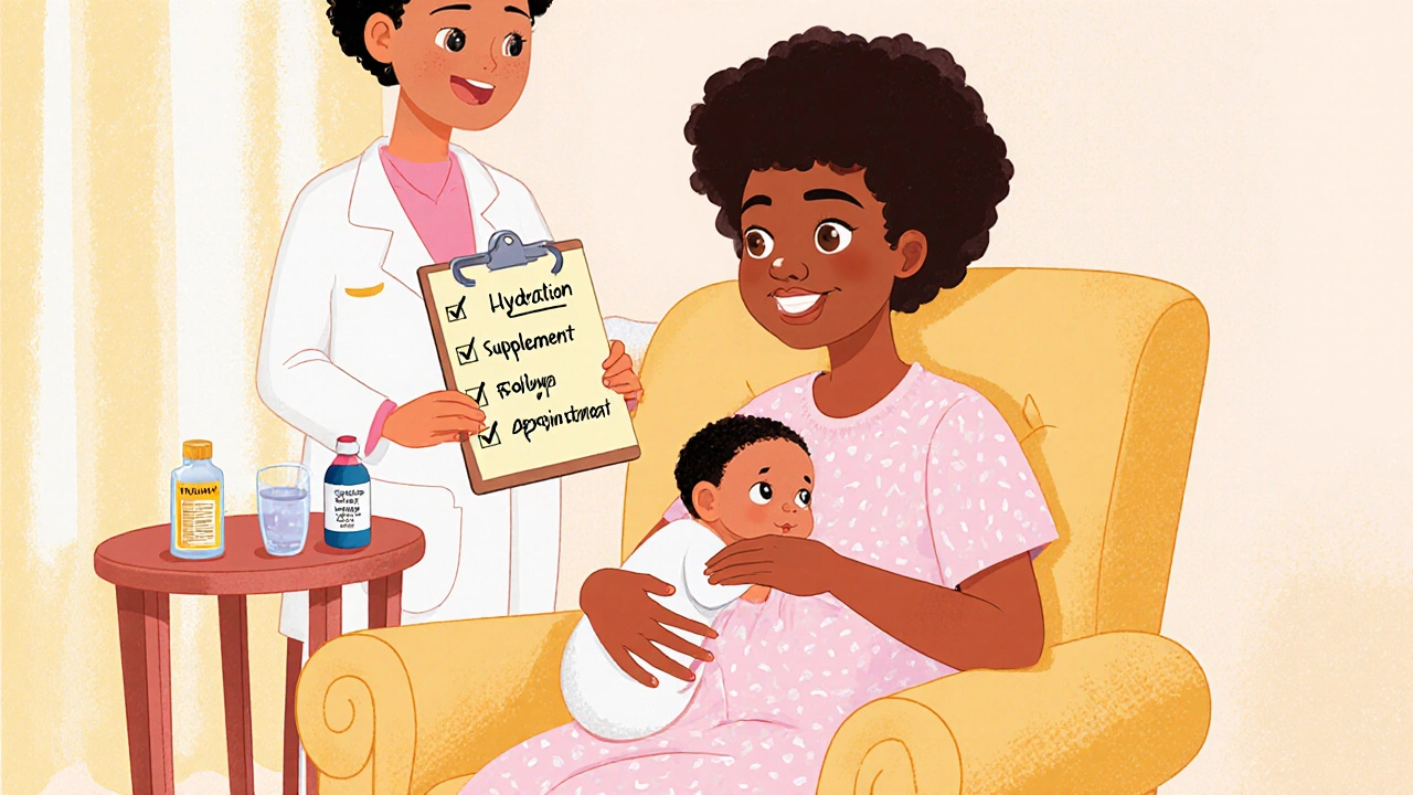 Postpartum mother cradling newborn, hematologist with checklist, water and vitamin bottles on bedside table.