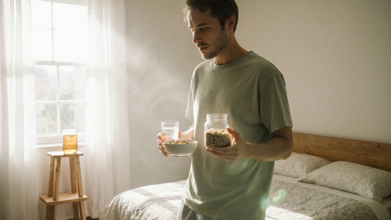 Relaxed adult in bright kitchen practicing healthy habits like small meals and upright posture.