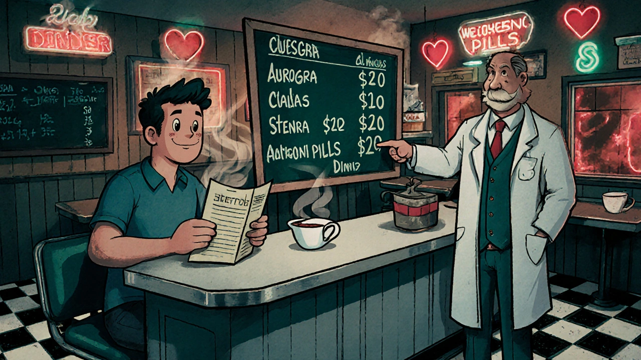 Retro diner scene with ED pills as menu items and a doctor pointing to duration times on a chalkboard.