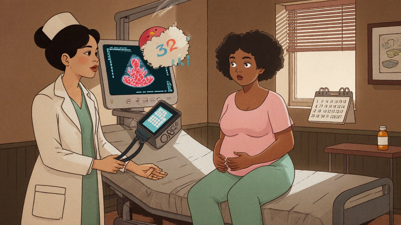 Second‑trimester pregnant woman getting blood pressure checked, ultrasound showing baby and healthy cells, nurse nearby.