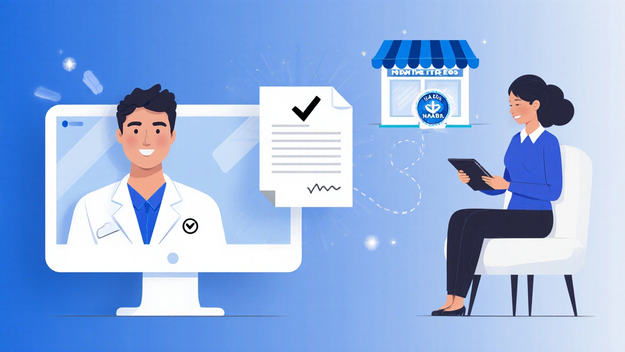Telehealth video call with doctor sending a digital prescription to an online pharmacy.