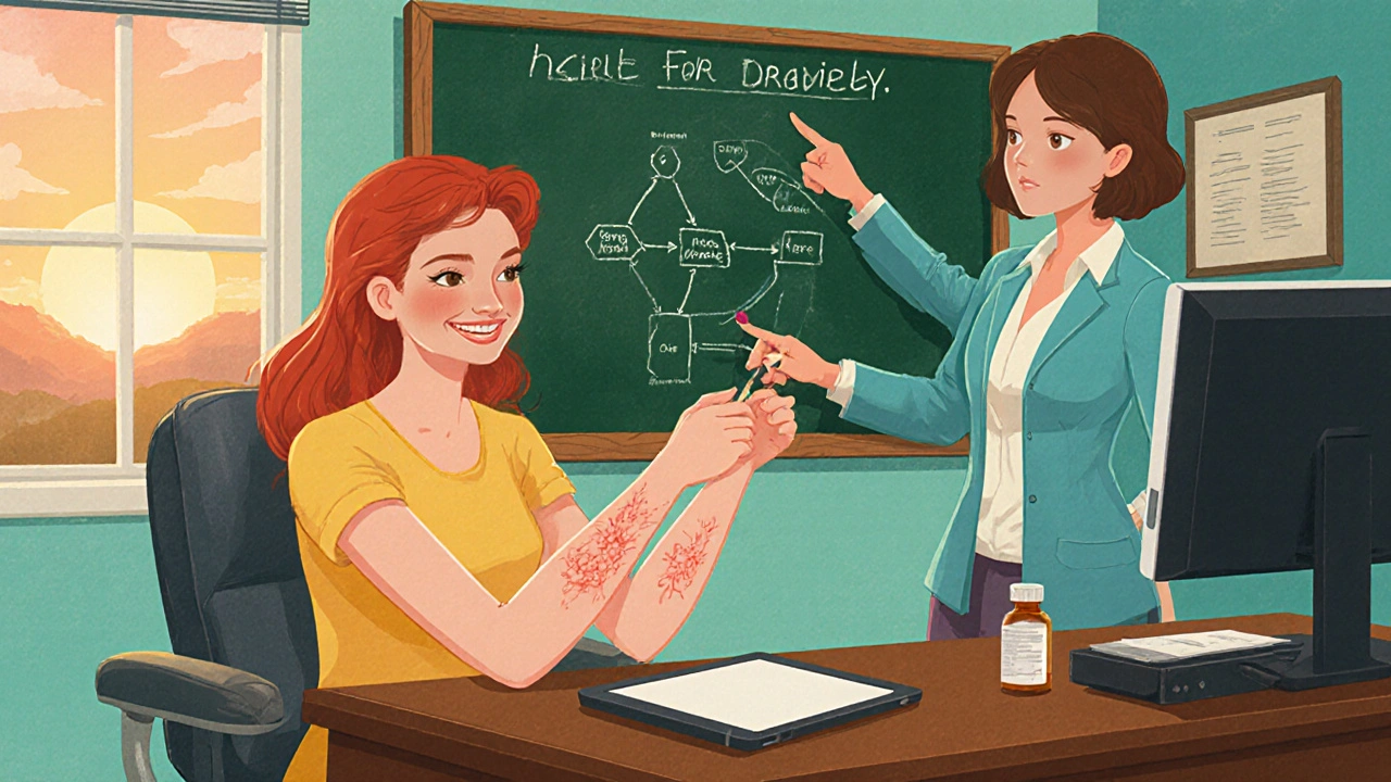 Vintage cartoon of Jane the designer with healed forearms and therapist.