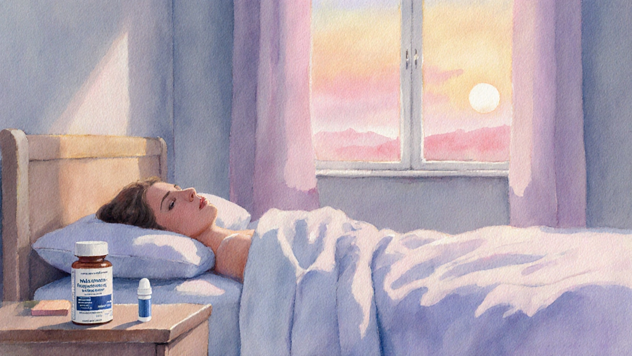 Watercolor of a sleeping person with melatonin and magnesium on the nightstand, sunrise outside.