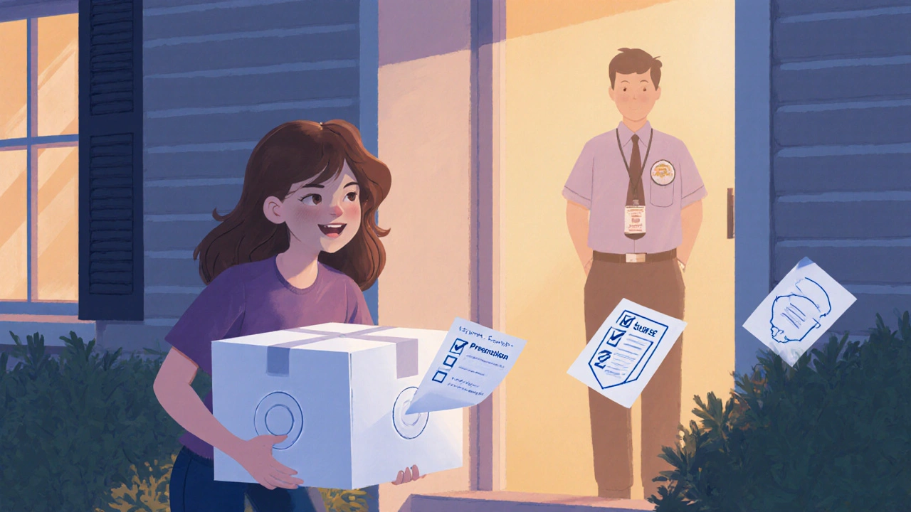 Woman receiving a discreet medication package with a pharmacist visible nearby.