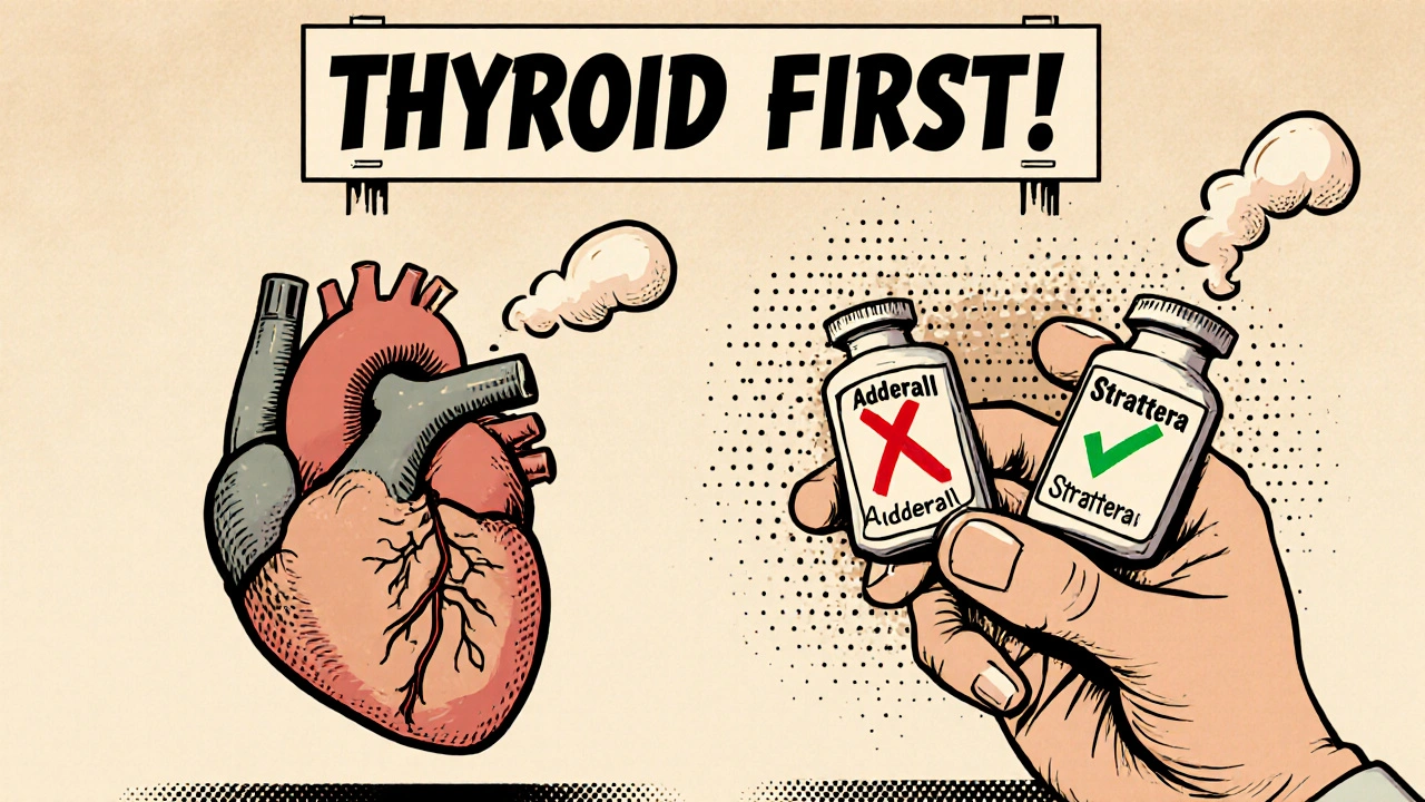 A calm heart beside a chaotic one, with safe and unsafe pills shown in a vintage cartoon medical scene.