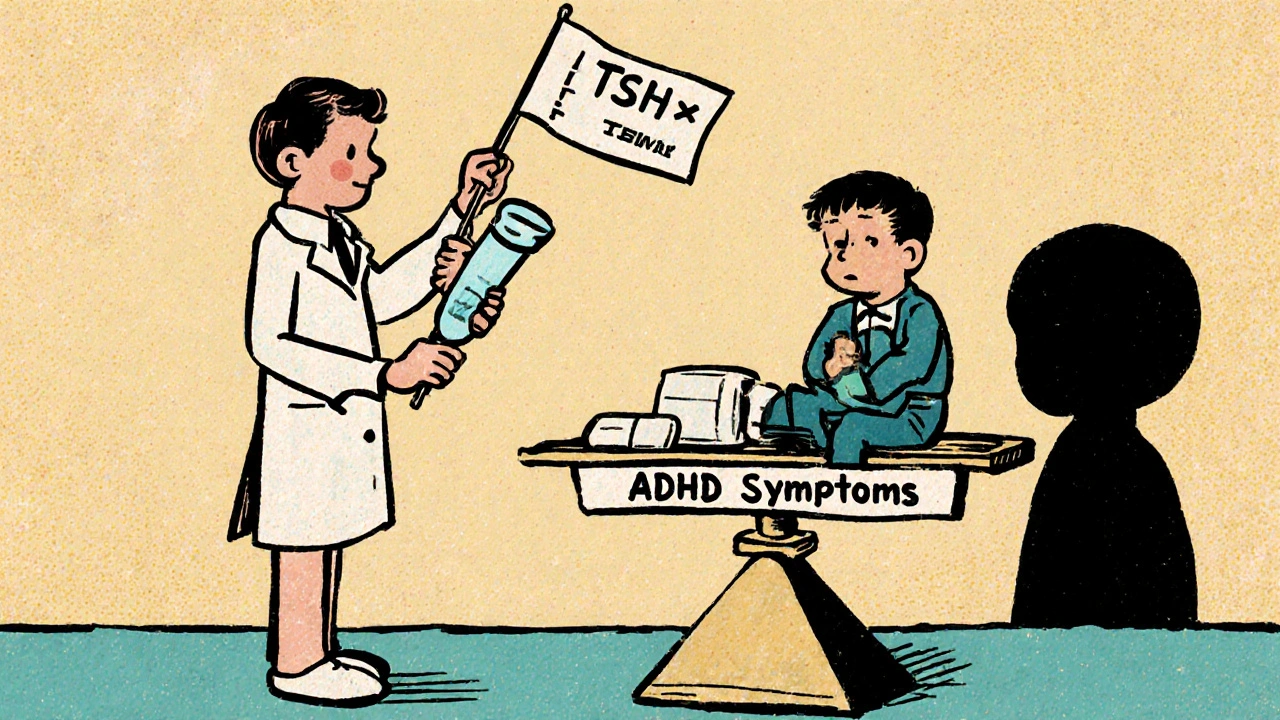 A doctor holding a thyroid test result while a patient sits on a scale marked 'ADHD Symptoms' in vintage cartoon style.