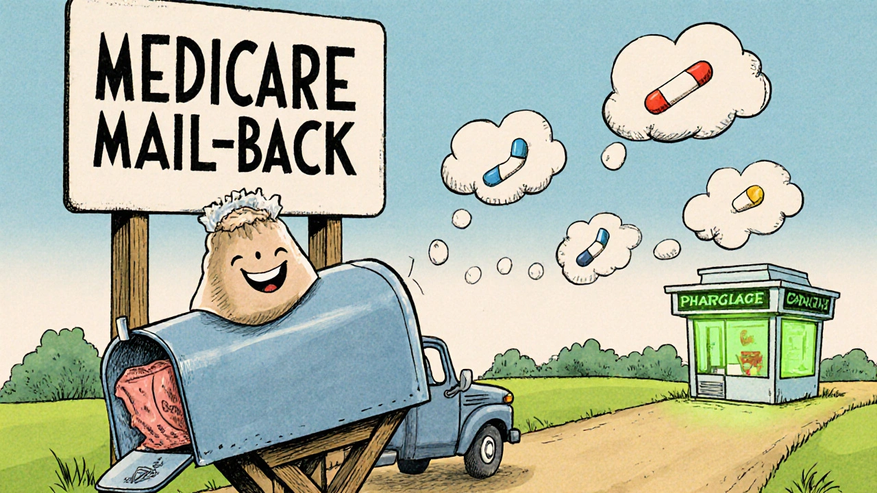 A sealed medication bag is mailed via postal truck with a pharmacy take-back kiosk in background.