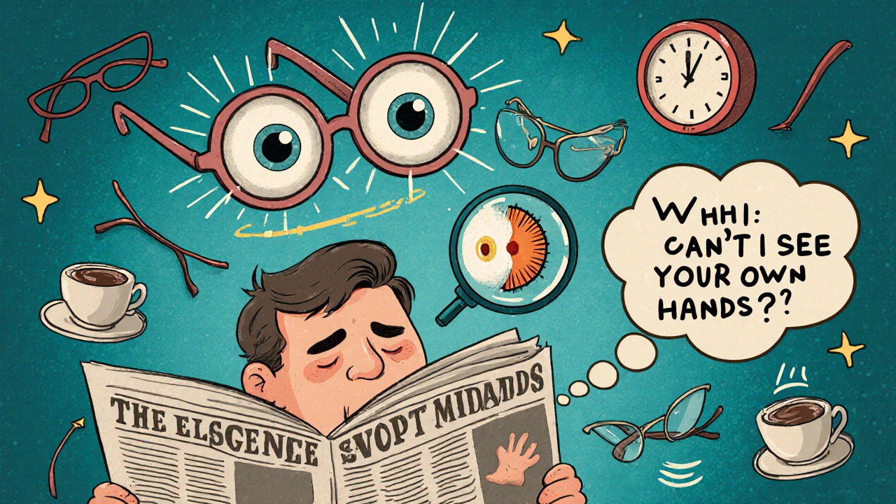 An adult struggling to read with plus lenses floating above, light focusing behind the eye in a cartoon magnifier.