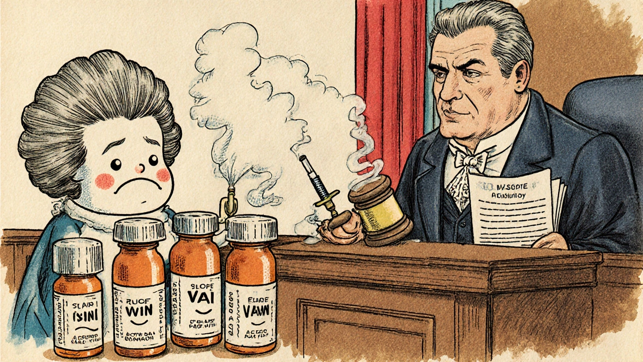 Biosimilar vials win a courtroom battle against a brand-name drug in retro cartoon satire.