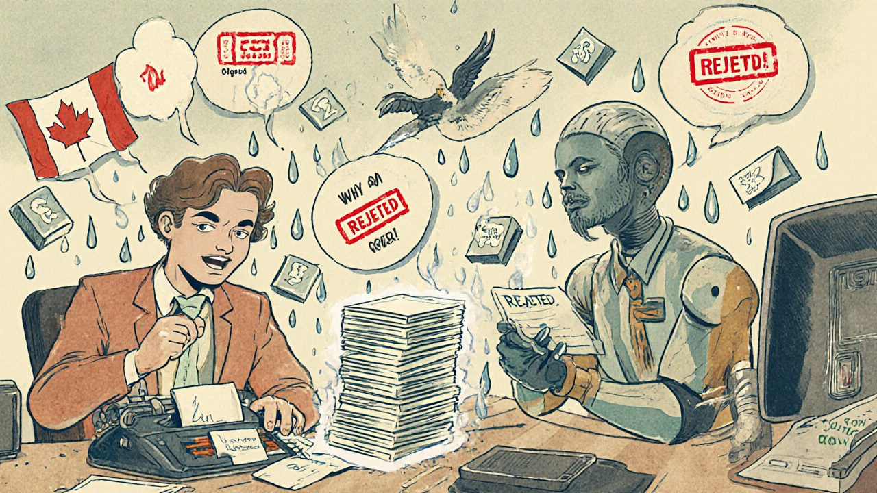 Chaotic office scene with workers in different countries struggling with drug safety reports and AI robots.